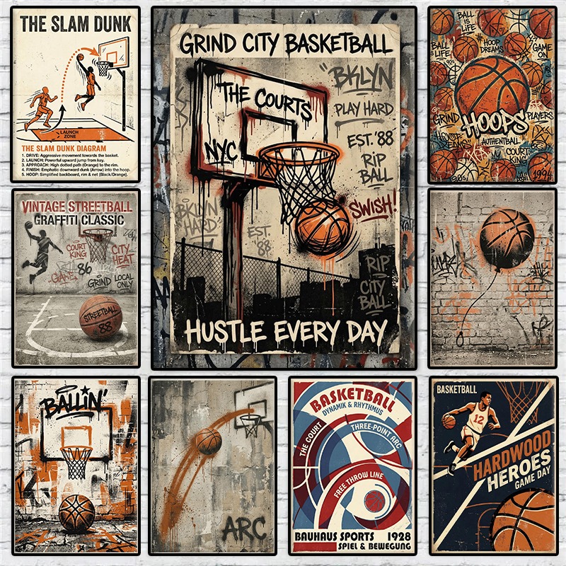 Home Gym And Basketball Court - Plakat z koszykówką miejską, vintage schemat